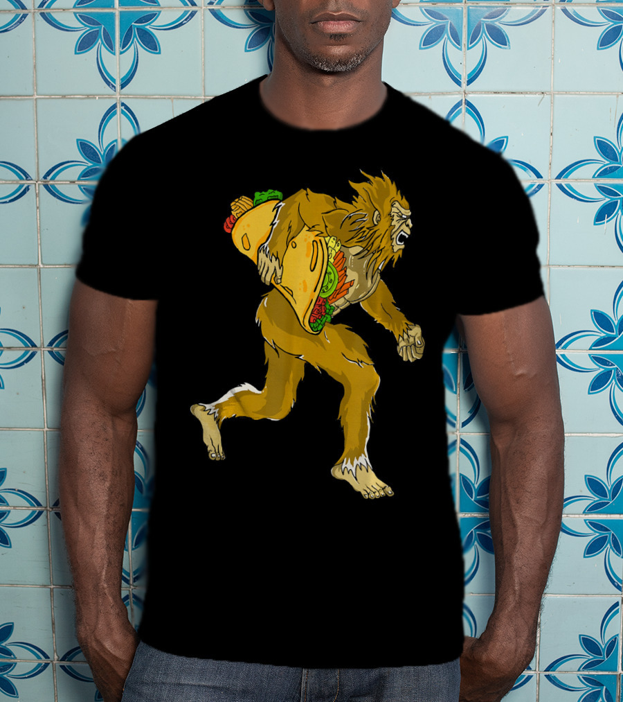 Bigfoot Running With Giant Taco In Hand For Exercise Scene T-Shirt