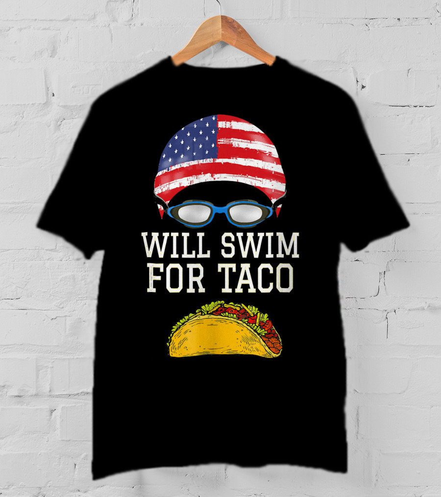 Will Swim For Taco Funny Swimming Goggles American Flag Cap T-Shirt