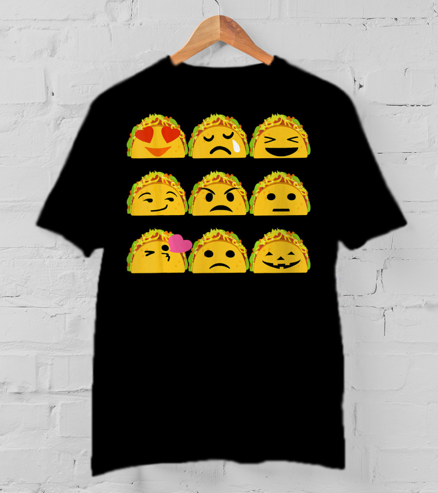 Taco Emoji Faces Heart Eyes Sad Crying Wink Kiss Laughing Pumpkin T-Shirt