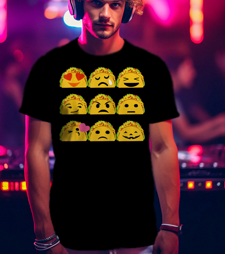 Taco Emoji Faces Heart Eyes Sad Crying Wink Kiss Laughing Pumpkin T-Shirt