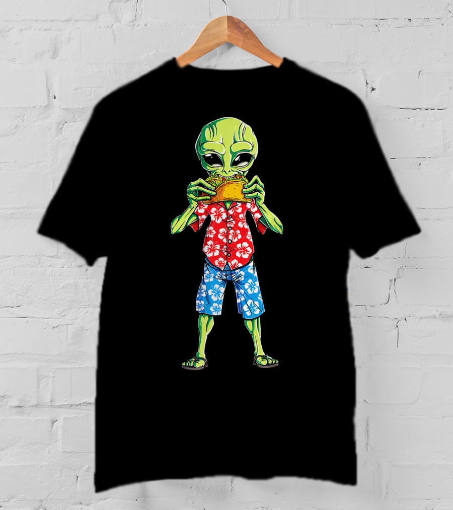 Alien Eating Taco In Hawaiian Shirt 70s California Retro T-Shirt