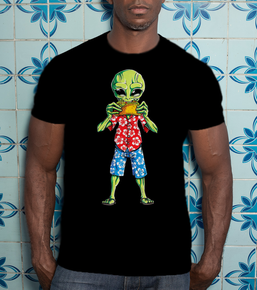 Alien Eating Taco In Hawaiian Shirt 70s California Retro T-Shirt