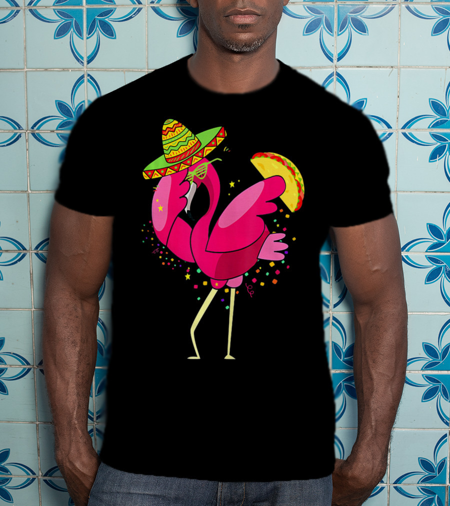 Funny Flamingo Dabbing With Taco Sombrero Cinco De Mayo T-Shirt