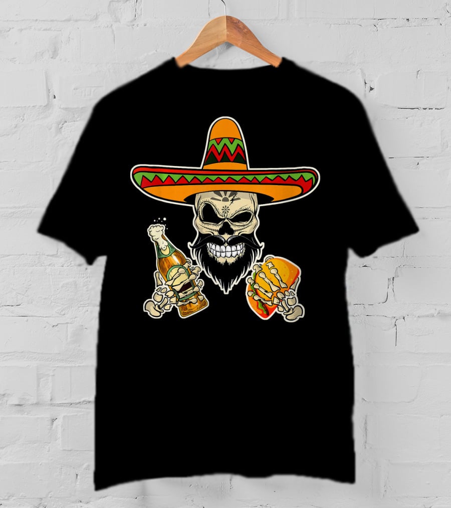 Sombrero-Wearing Sugar Skull With Beer And Tacos T-Shirt