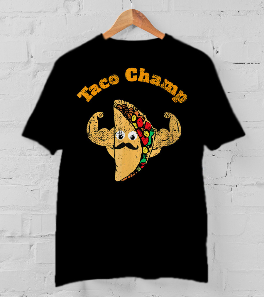 Taco Champ Flexing Strong Mustache Taco Emoji T-Shirt