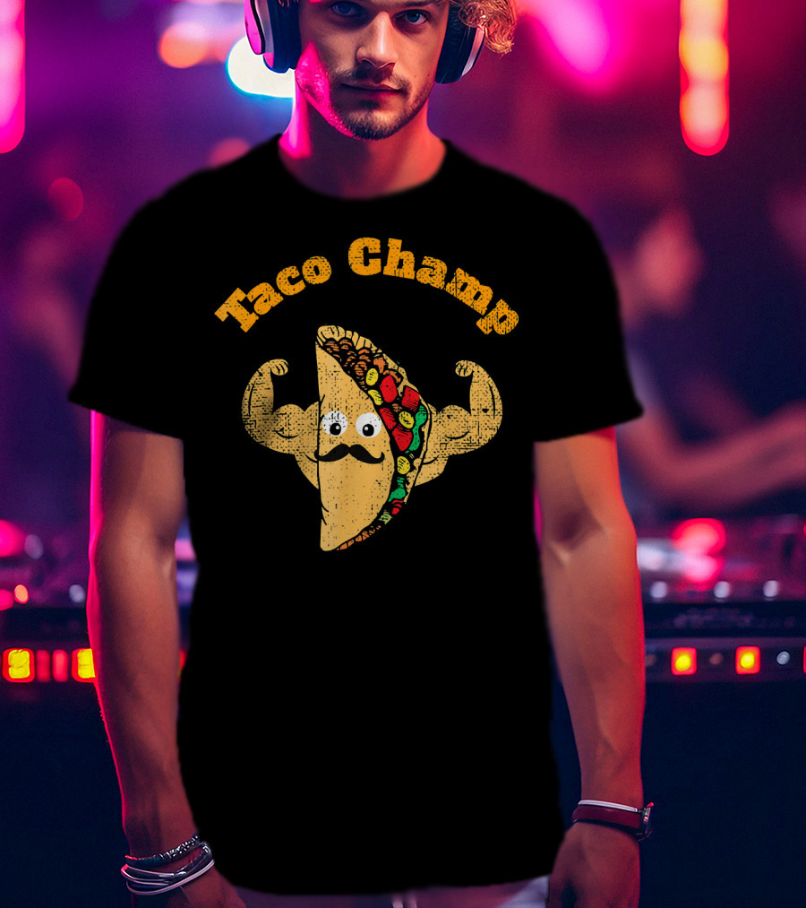 Taco Champ Flexing Strong Mustache Taco Emoji T-Shirt