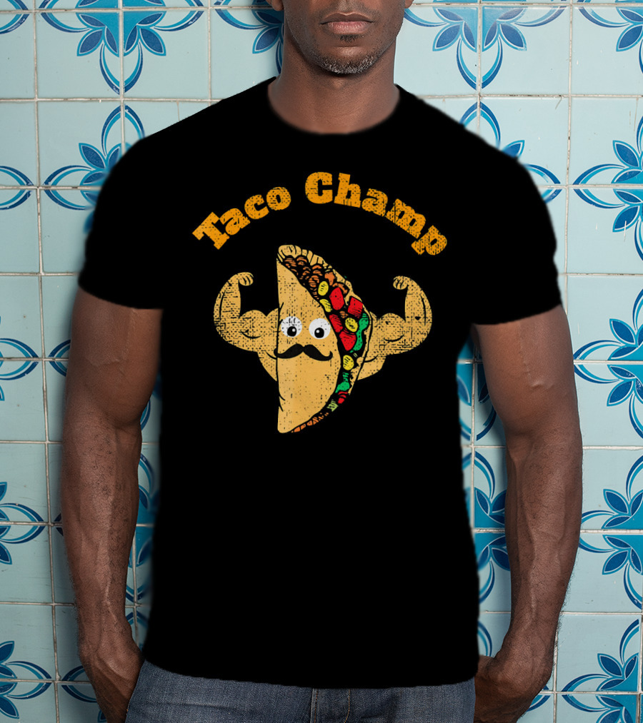 Taco Champ Flexing Strong Mustache Taco Emoji T-Shirt