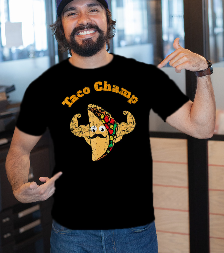 Taco Champ Flexing Strong Mustache Taco Emoji T-Shirt
