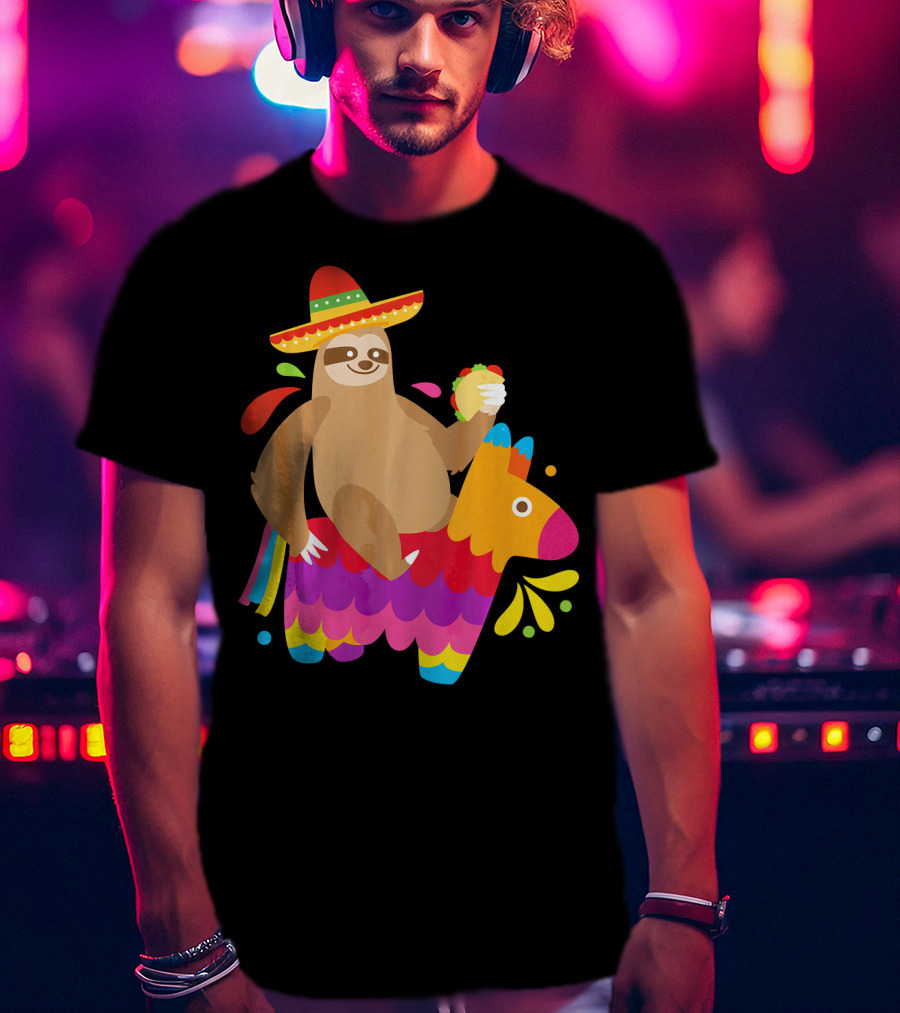 Sloth Taco Piñata Cute Mexican Fiesta Sombrero Riding Rainbow T-Shirt