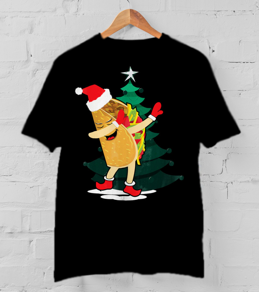 Dabbing Taco Christmas Santa Hat And Tree T-Shirt
