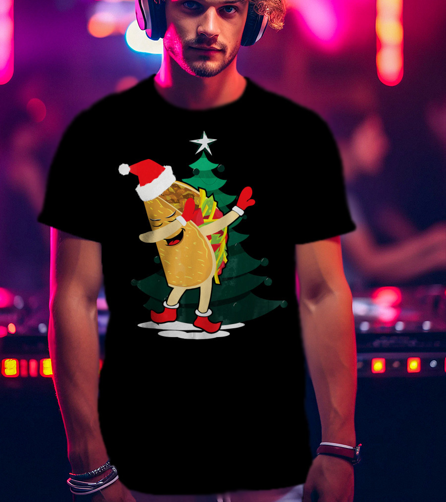Dabbing Taco Christmas Santa Hat And Tree T-Shirt