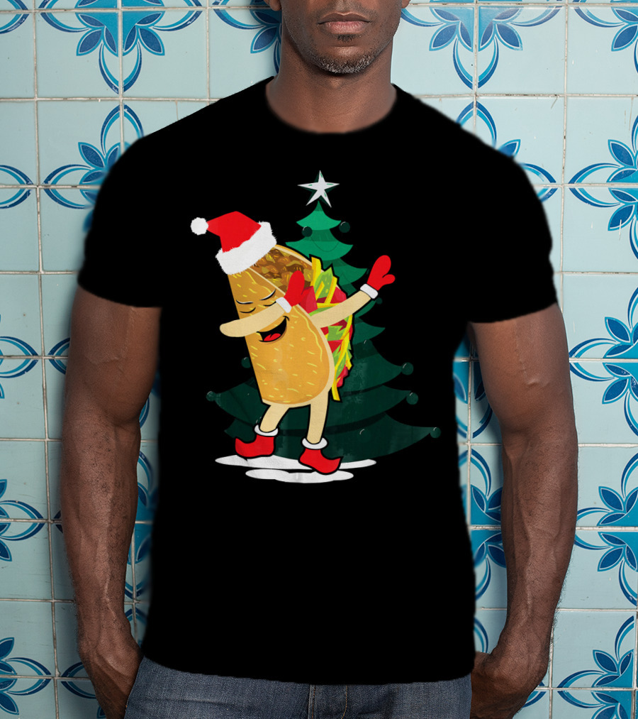 Dabbing Taco Christmas Santa Hat And Tree T-Shirt