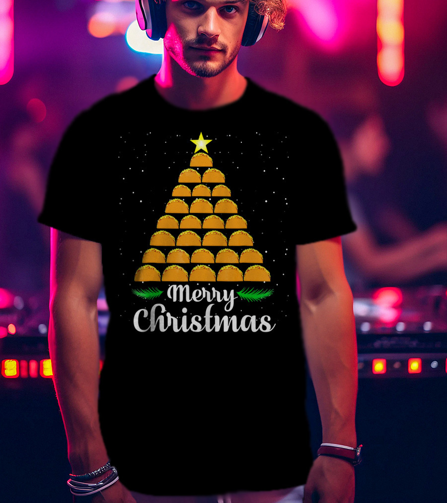 Merry Christmas Taco Tree With Star And Snowflakes T-Shirt
