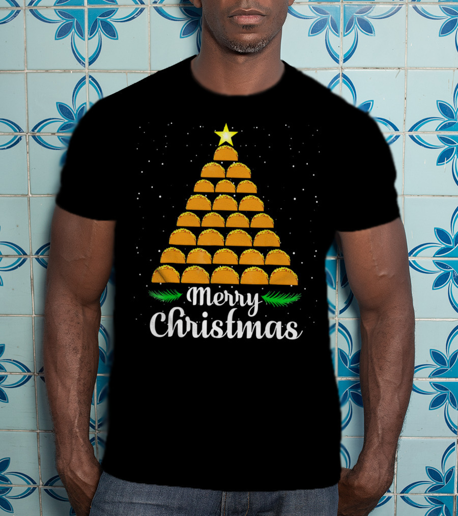 Merry Christmas Taco Tree With Star And Snowflakes T-Shirt