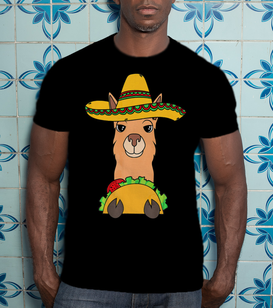 Llama Eating Taco Sombrero Cool Mexican T-Shirt