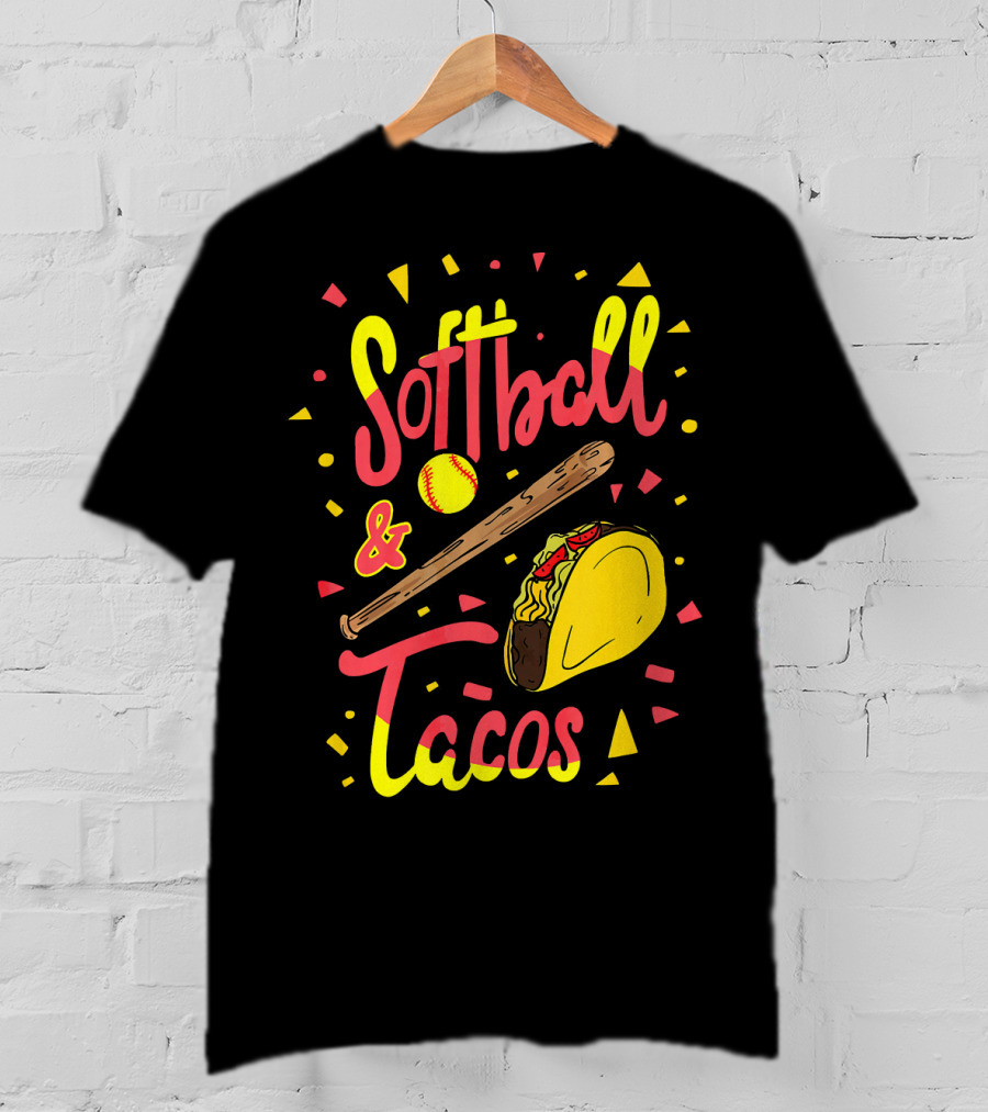 Softball And Tacos Funny Taco And Mexican Softball Bat And Ball Icons T-Shirt