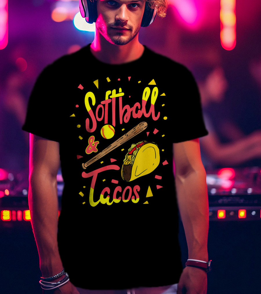 Softball And Tacos Funny Taco And Mexican Softball Bat And Ball Icons T-Shirt
