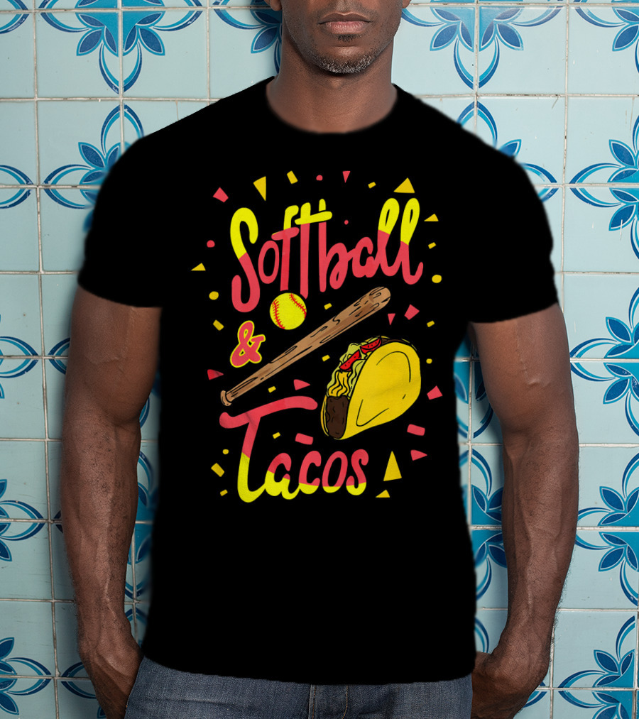 Softball And Tacos Funny Taco And Mexican Softball Bat And Ball Icons T-Shirt