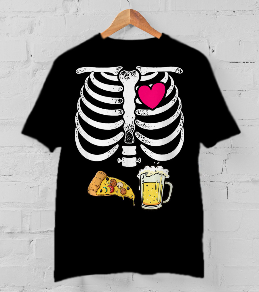 Skeleton Heart Pizza And Beer Xray T-Shirt