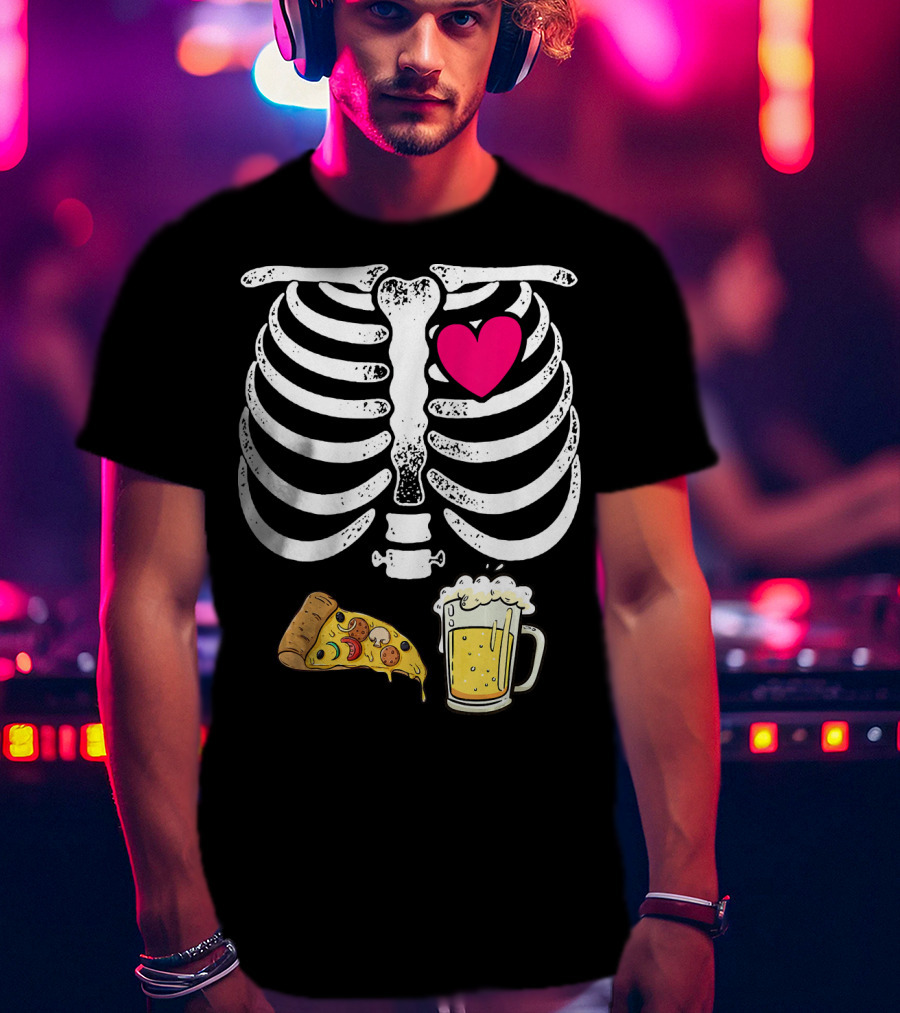 Skeleton Heart Pizza And Beer Xray T-Shirt