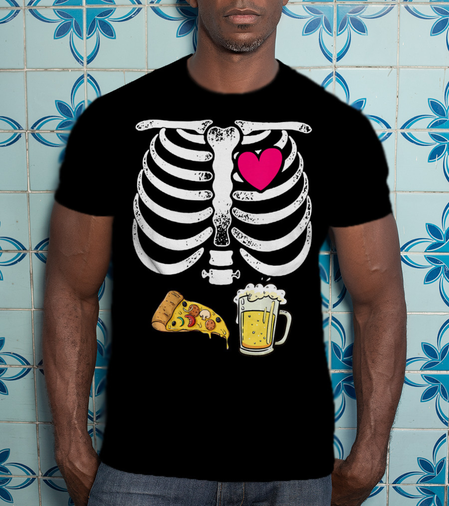 Skeleton Heart Pizza And Beer Xray T-Shirt