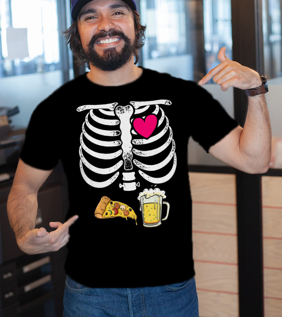 Skeleton Heart Pizza And Beer Xray T-Shirt