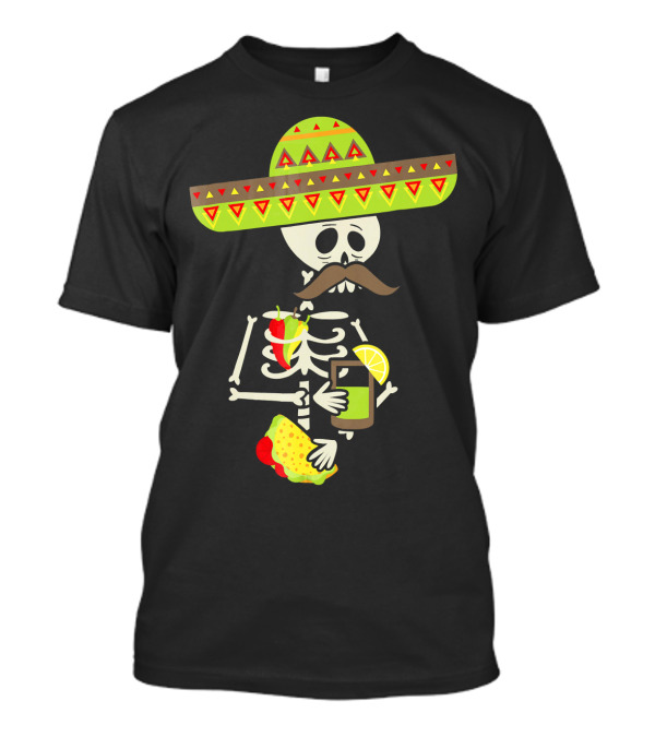 Mexican Skeleton Sombrero Holding Tequila Chili Tacos T-Shirt