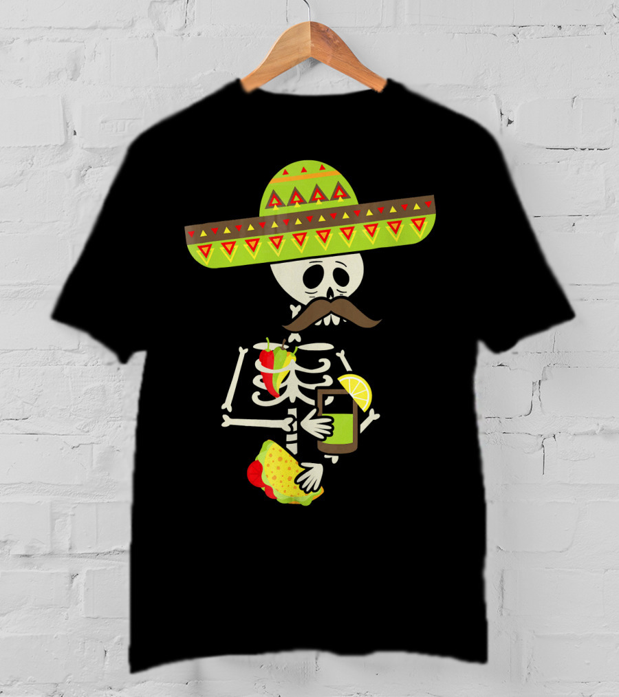 Mexican Skeleton Sombrero Holding Tequila Chili Tacos T-Shirt