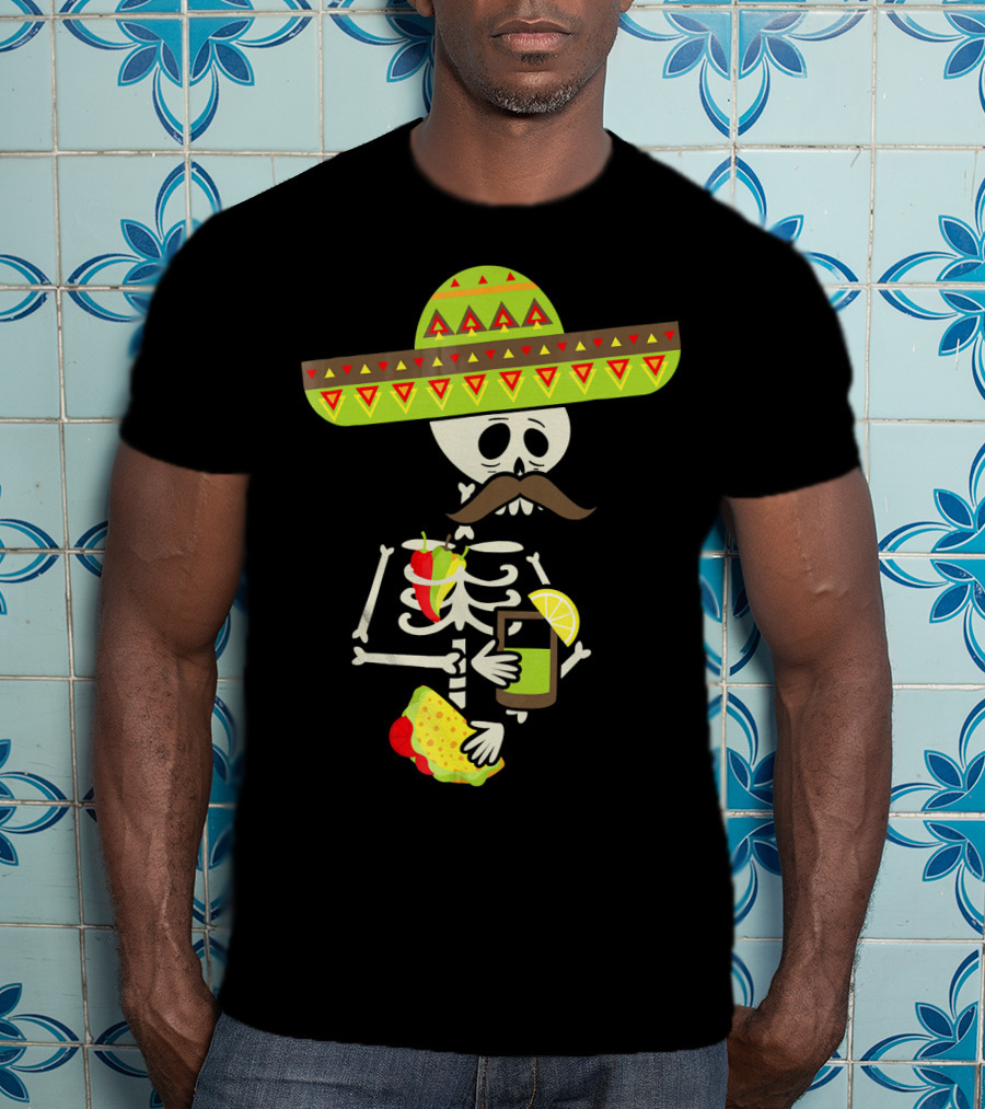 Mexican Skeleton Sombrero Holding Tequila Chili Tacos T-Shirt