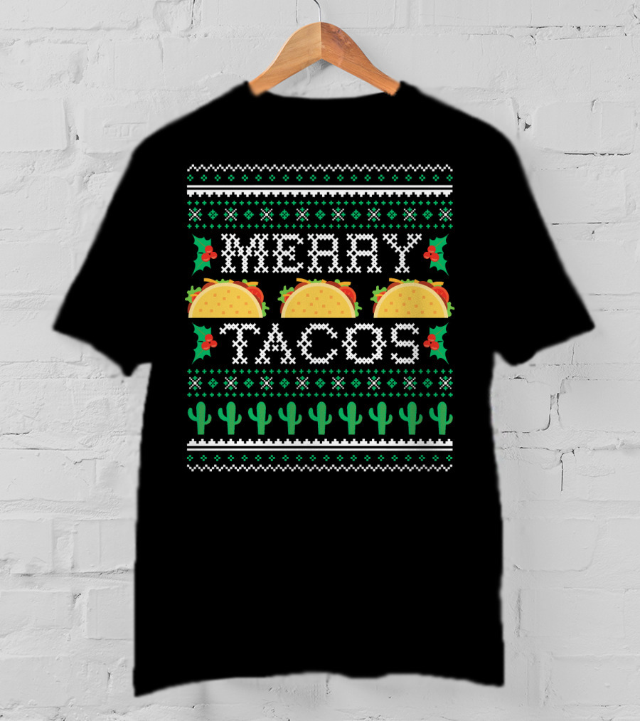 Merry Tacos Ugly Christmas Cactus Holly T-Shirt