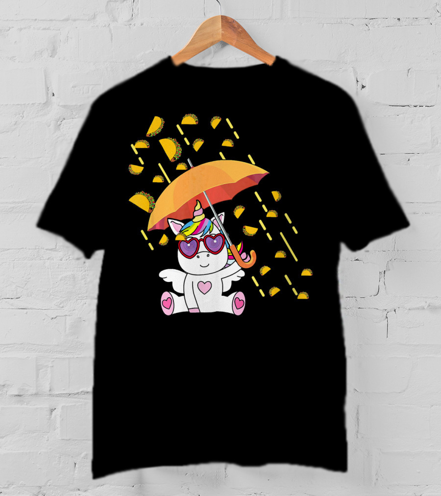 Its Raining Tacos Funny Unicorn With Umbrella And Sunglasses T-Shirt