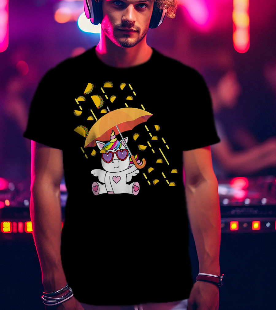 Its Raining Tacos Funny Unicorn With Umbrella And Sunglasses T-Shirt