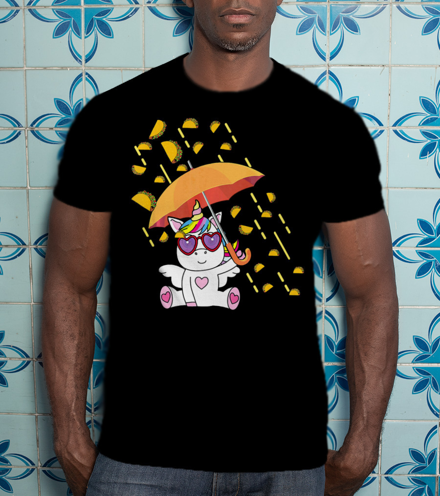 Its Raining Tacos Funny Unicorn With Umbrella And Sunglasses T-Shirt