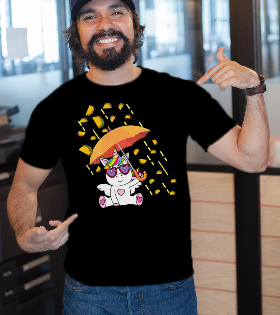Its Raining Tacos Funny Unicorn With Umbrella And Sunglasses T-Shirt