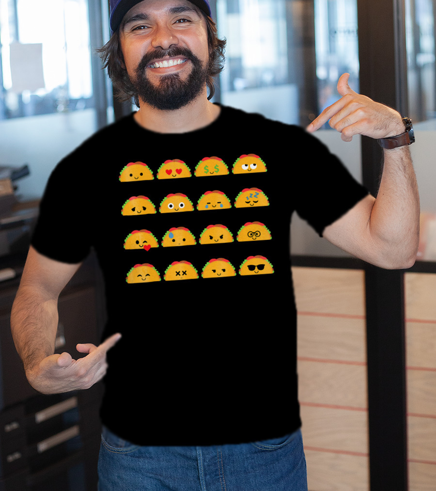 Taco Emoji Faces With Heart Eyes, Money, Glasses, Sunglasses, And Sleepy Expressions T-Shirt