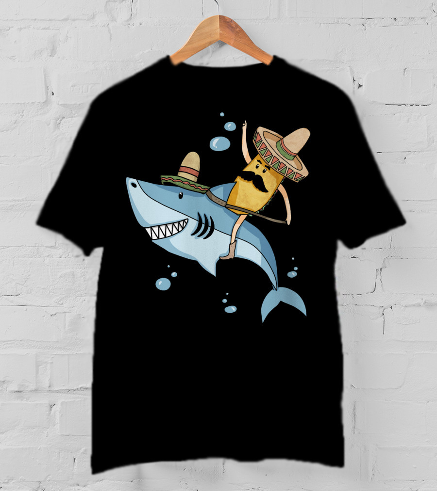 Taco Guy Riding Sombrero Shark Funny Mexican Style Long T-Shirt