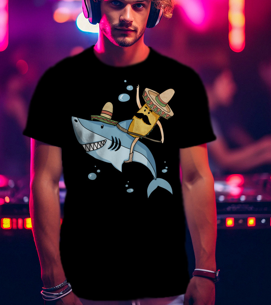 Taco Guy Riding Sombrero Shark Funny Mexican Style Long T-Shirt