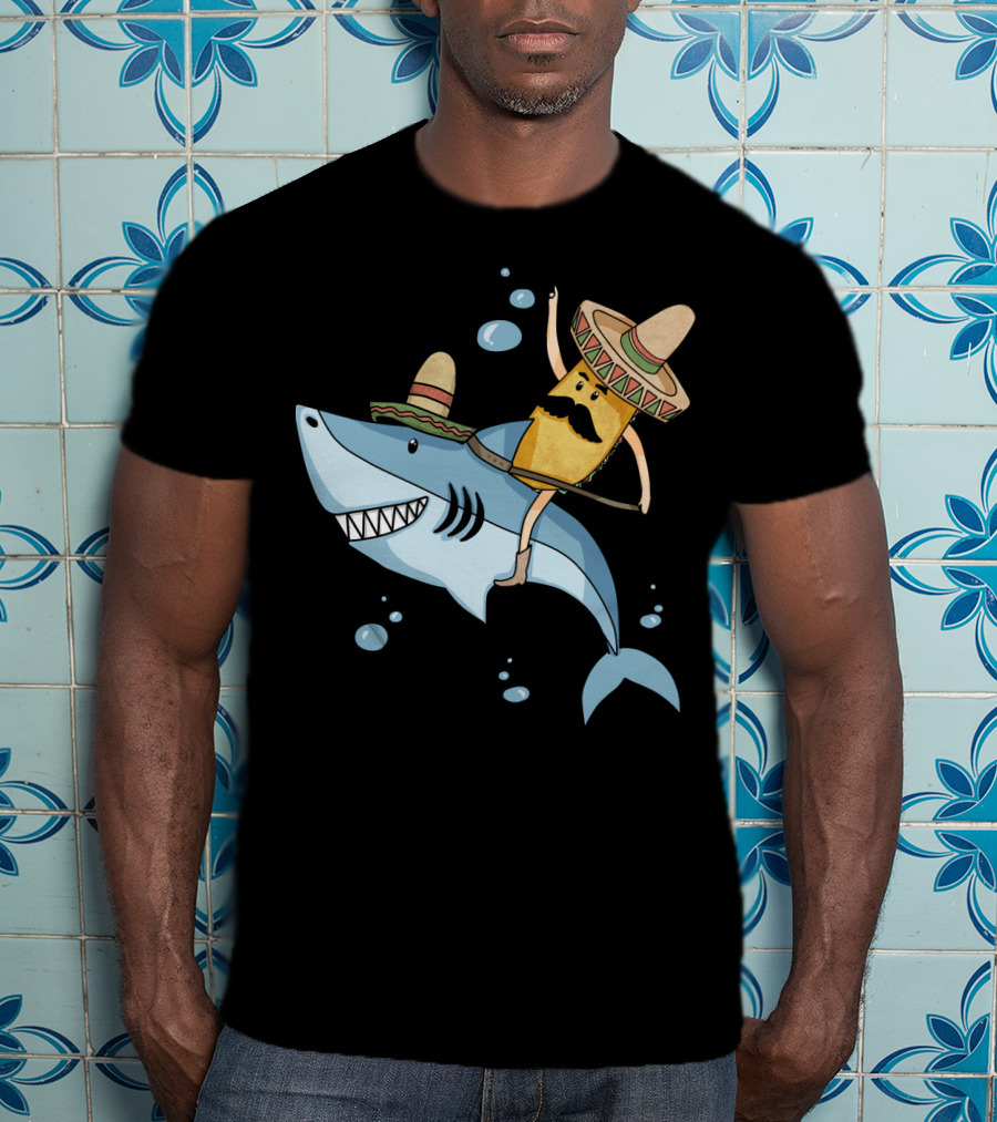 Taco Guy Riding Sombrero Shark Funny Mexican Style Long T-Shirt
