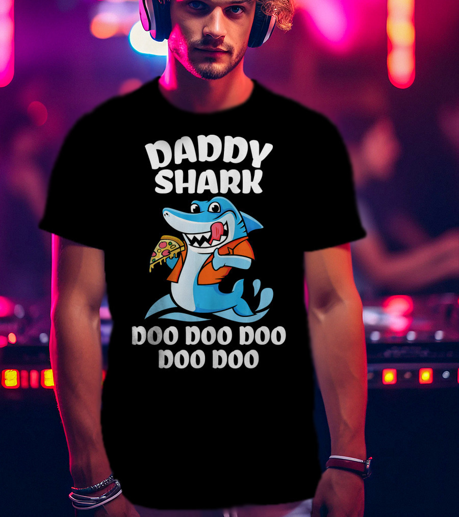 Daddy Shark Doo Doo Doo Doo Pizza Eating Cartoon Shark T-Shirt