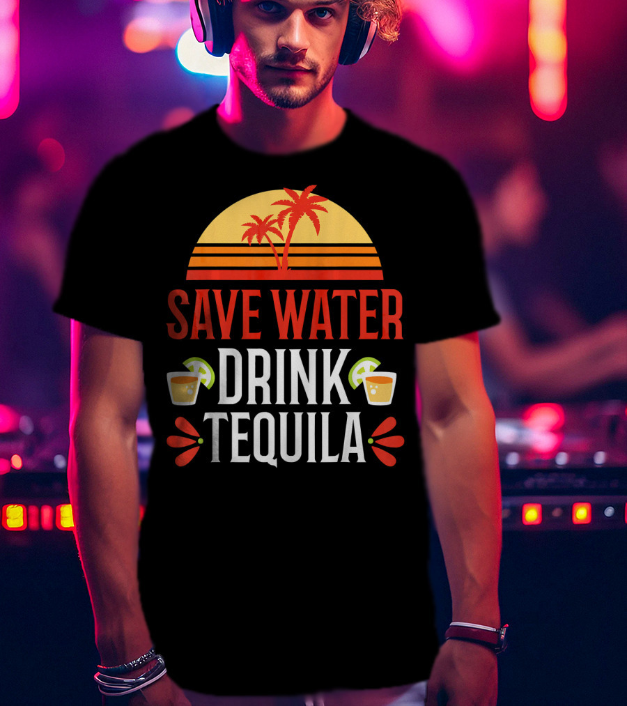 Save Water Drink Tequila Mexican Palm Sunset Lime T-Shirt