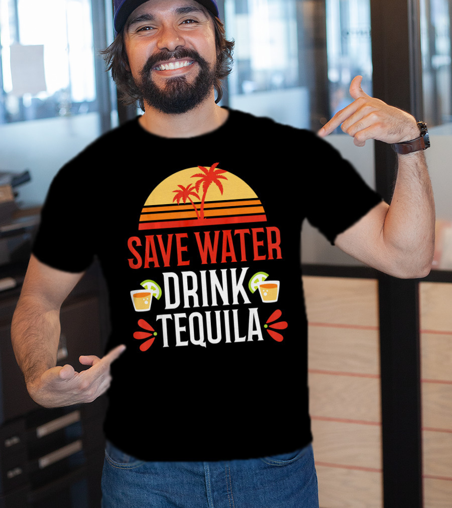 Save Water Drink Tequila Mexican Palm Sunset Lime T-Shirt