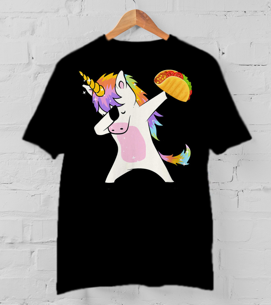 Unicorn Dabbing With Taco And Rainbow Mane T-Shirt