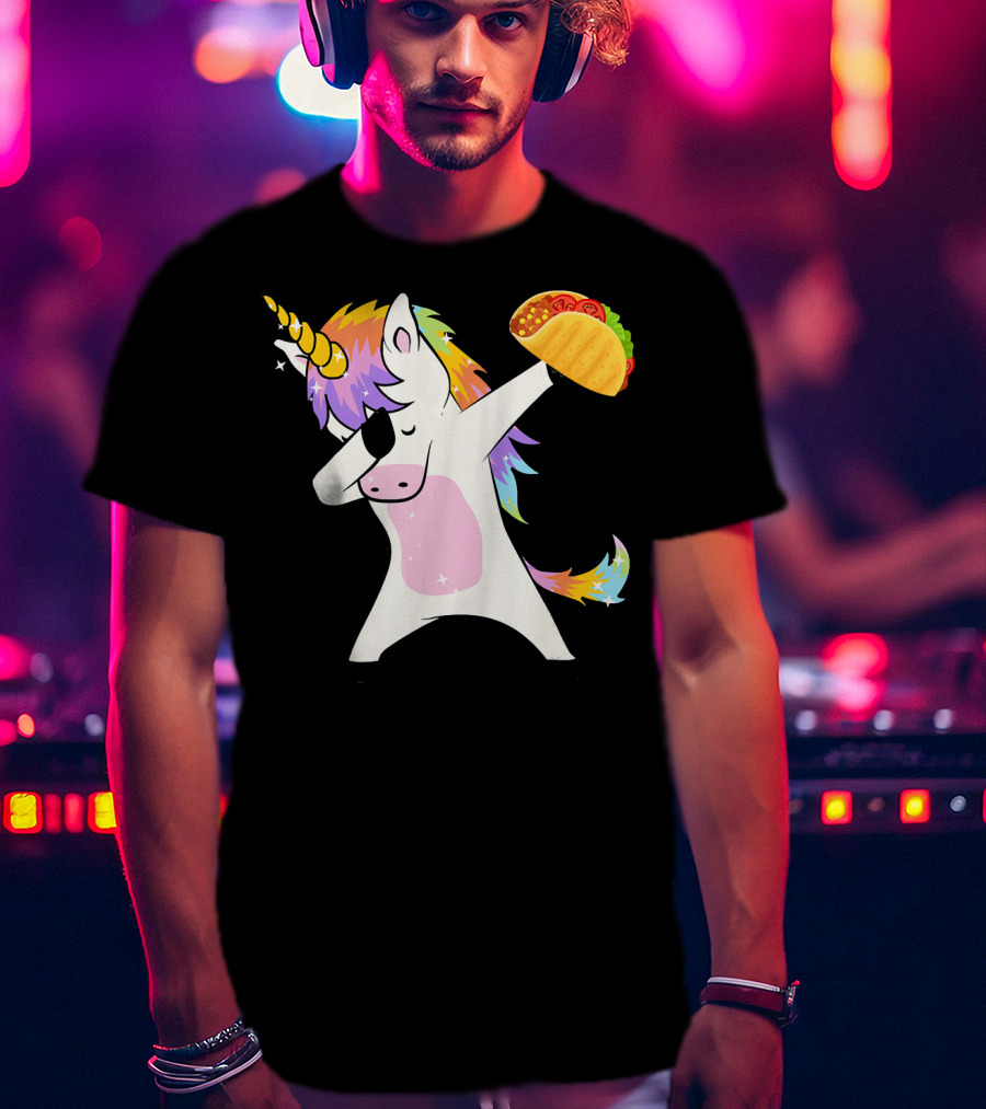Unicorn Dabbing With Taco And Rainbow Mane T-Shirt
