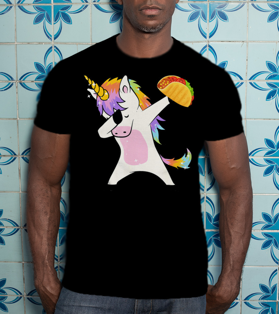 Unicorn Dabbing With Taco And Rainbow Mane T-Shirt