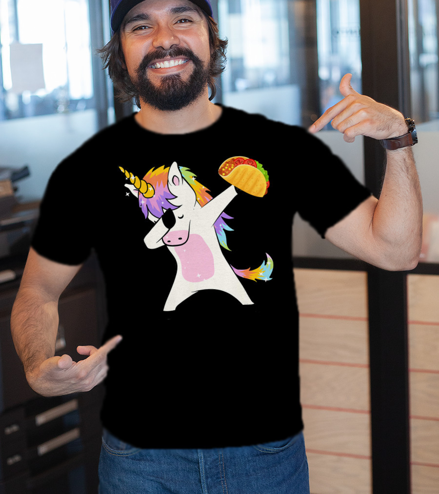 Unicorn Dabbing With Taco And Rainbow Mane T-Shirt