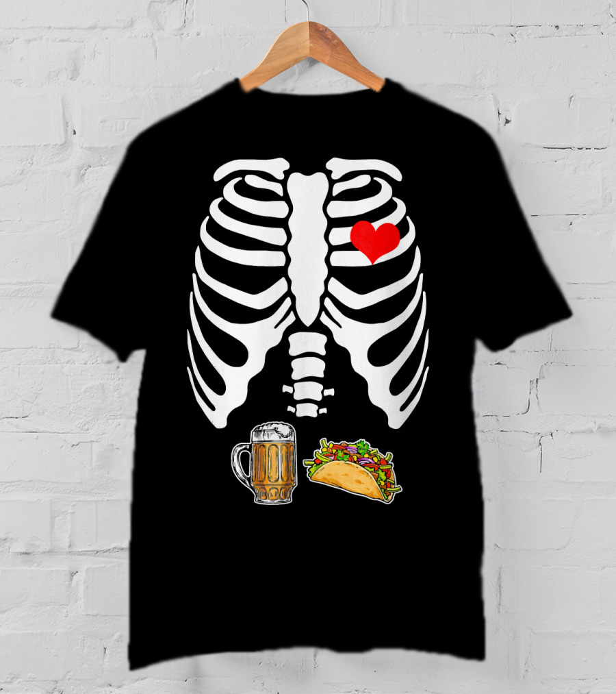 Pregnant Skeleton With Heart, Tacos, And Beer T-Shirt