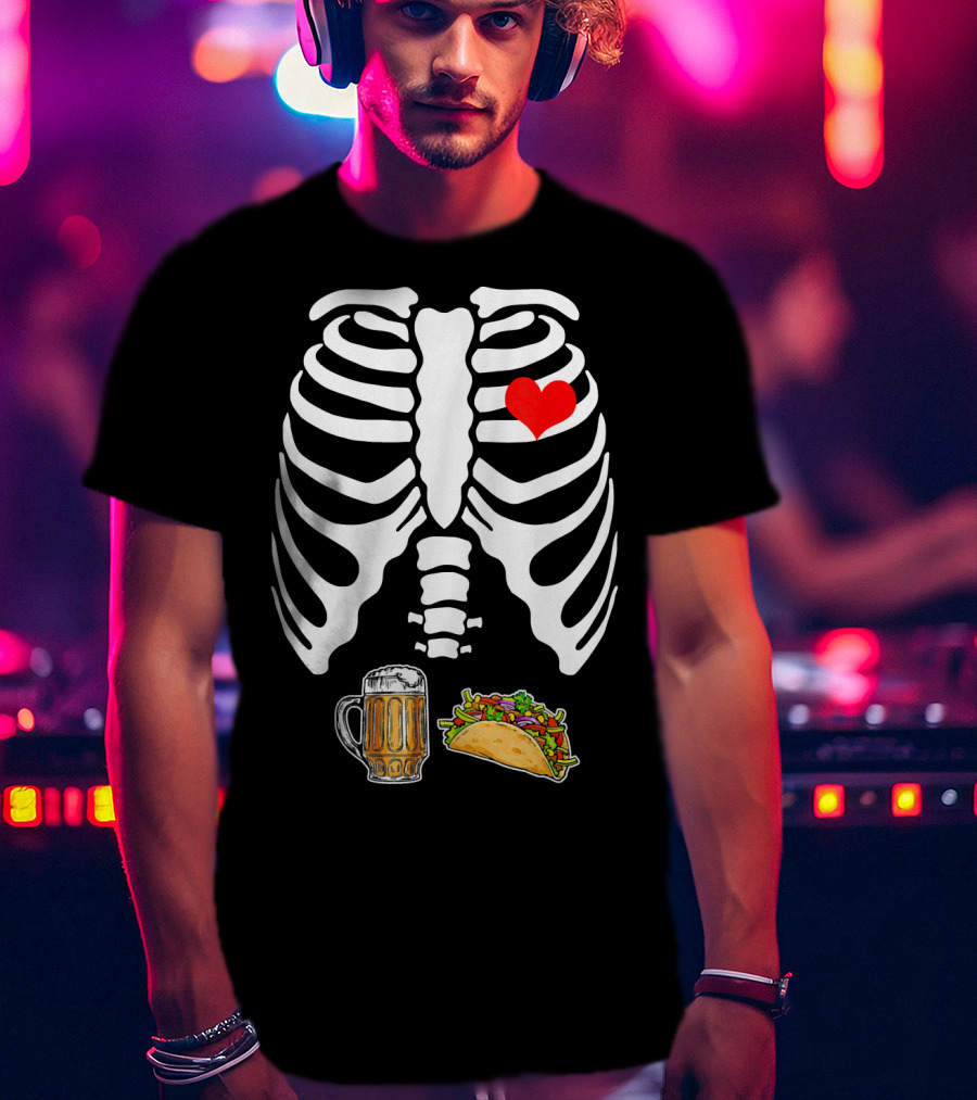 Pregnant Skeleton With Heart, Tacos, And Beer T-Shirt