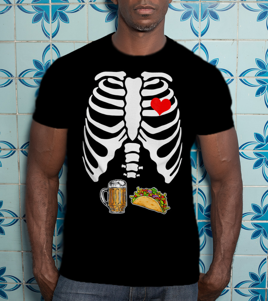 Pregnant Skeleton With Heart, Tacos, And Beer T-Shirt