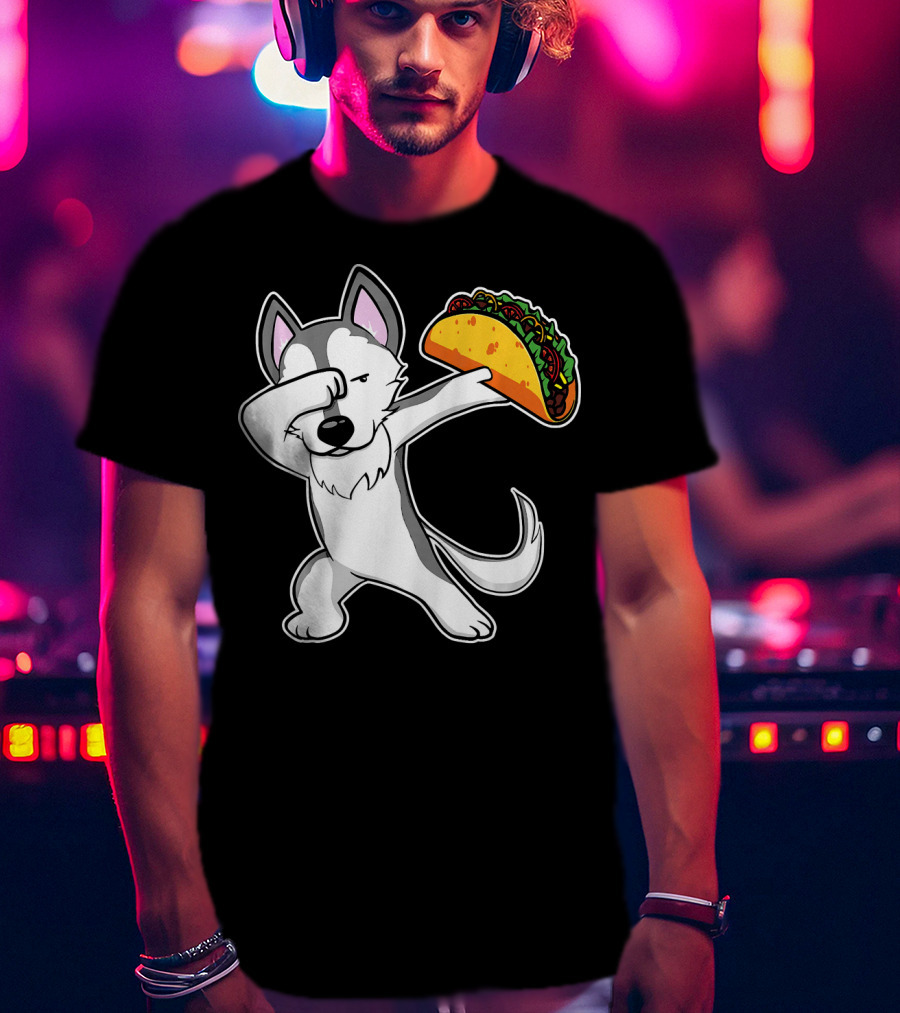 Husky Dabbing With Taco Funny Dance Lover T-Shirt