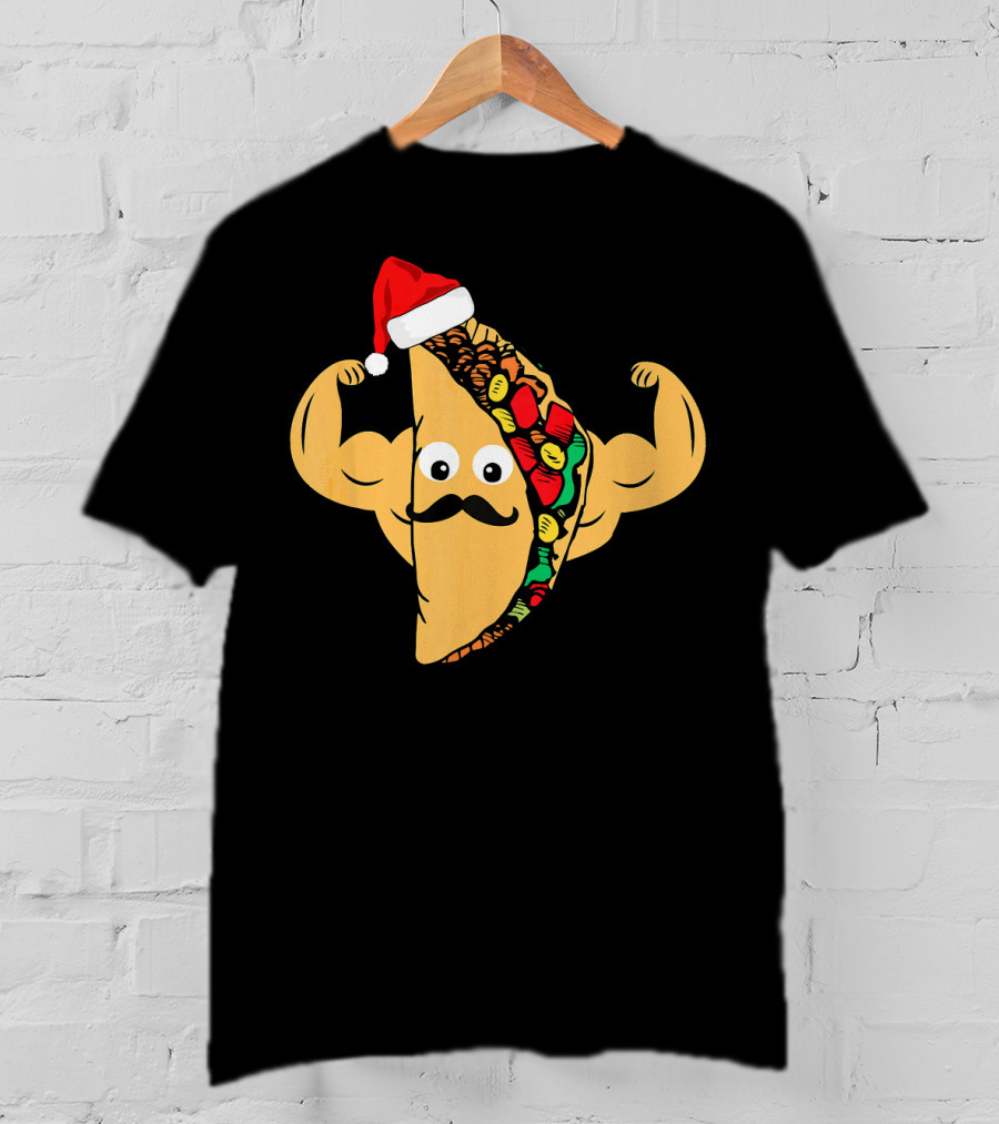 Funny Taco With Santa Hat And Mustache Flexing Muscles Family T-Shirt